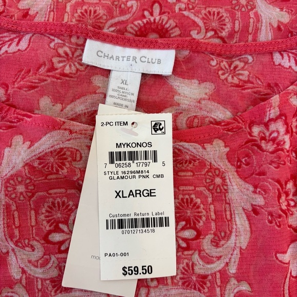 Charter Club Y2K Mykonos Sheer Mesh Damask Print 3/4 Sleeve Top Pink XL NEW - Picture 8 of 12